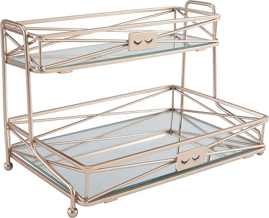 Home Details Mirrored, Perfect for Perfumes, Jewelry, Makeup, Cosmetic Organizer, Stylish Decor in Rose Gold 2 Tier Vanity Tower