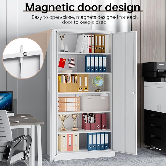 Metal Garage Cabinets, 72" Tall Locking Storage Cabinet with 2 Doors and 5 Adjustable Shelves, Steel Utility Tool Caninet, White Lockable Outdoor Storage Cabnet for Pantry, Garage, Home Office