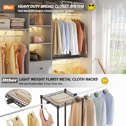 8FT Closet System, 96'' Closet Organizer System with 3 Hanging Rods, Wall Mount Bedroom Wardrobe with 3 Drawers Walk-in Closet, Adjustable Cloth Garment Rack from 5 to 8FT (Cut to Fit), Grey