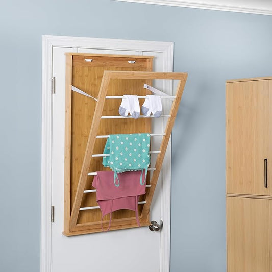 Wall-Mounted Clothes Drying Rack, Bamboo, Collapsible, 23 in W x 42 in H