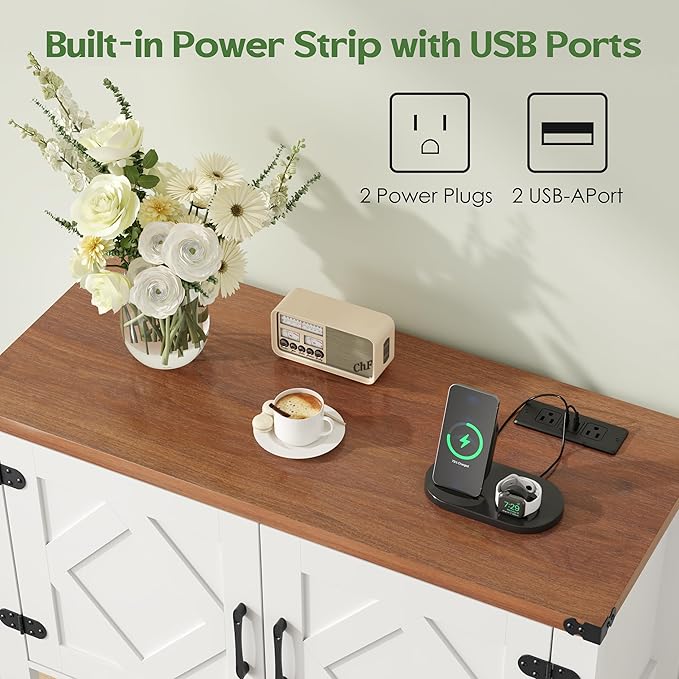 Entryway Console Table with Power Outlets and USB Port, Coffee Bar Cabinet with Doors, Farmhouse Kitchen Cabinets Sofa Table with Storage for Hallway, Foyer, Living Room, Deep Walnut Panel