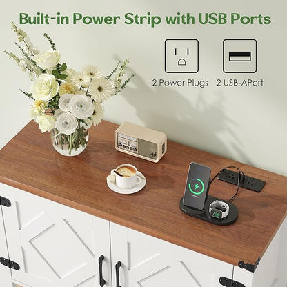 Entryway Console Table with Power Outlets and USB Port, Coffee Bar Cabinet with Doors, Farmhouse Kitchen Cabinets Sofa Table with Storage for Hallway, Foyer, Living Room, Deep Walnut Panel