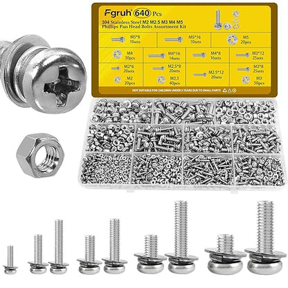 640PCS Machine Screws Assortment Kit, M2 M2.5 M3 M4 M5 Phillips Pan Head Bolts and Nuts Assorted Set, 304 Stainless Steel Metric Combination Screw with Fixed Washers (All-in-One Design)