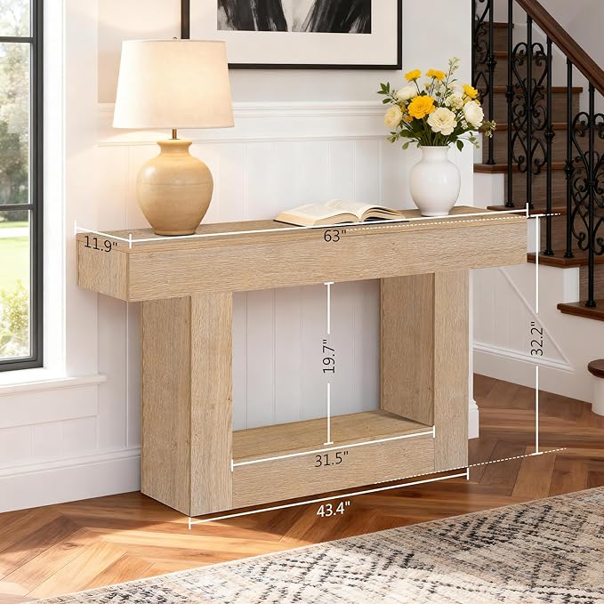 63 Inch Long Entryway Table U-Shaped Extension, Wooden Console Table with Socket Farmhouse Sofa Table for Entrance, Hallway, Living Room,Behind Couch((Oak Brown)