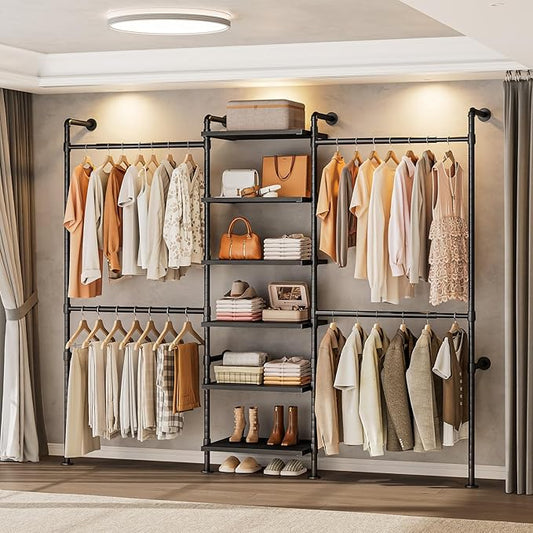 T1 Wall Mounted Closet System, Industrial Pipe Clothing Rack with 6 Wooden Shelves & 4 Telescopic Rods, Heavy Duty Closet Organizers and Storage in Wardrobe Closet (Black)