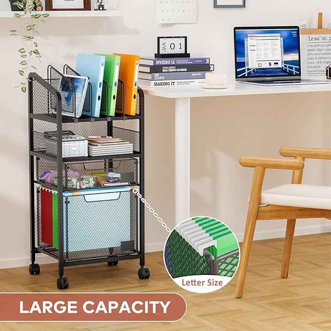 2 Drawer File Cabinet with Adjustable Dividers, 4-Tier Mobile Vertical Filing Cabinet on Lockable Wheels, Hanging File Organizer Cart for Letter-Size,Rolling Utility Cart for Home Office