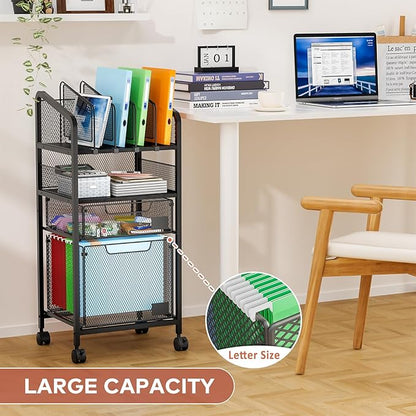 2 Drawer File Cabinet with Adjustable Dividers, 4-Tier Mobile Vertical Filing Cabinet on Lockable Wheels, Hanging File Organizer Cart for Letter-Size,Rolling Utility Cart for Home Office