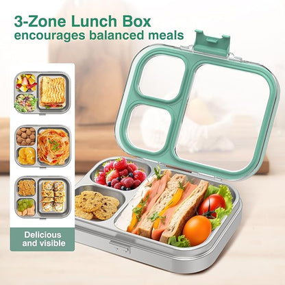 Stainless Steel Lunch Box: Metal Bento Box for Kids Adults - 3 Compartments Leak-Proof Lunch Box, Green