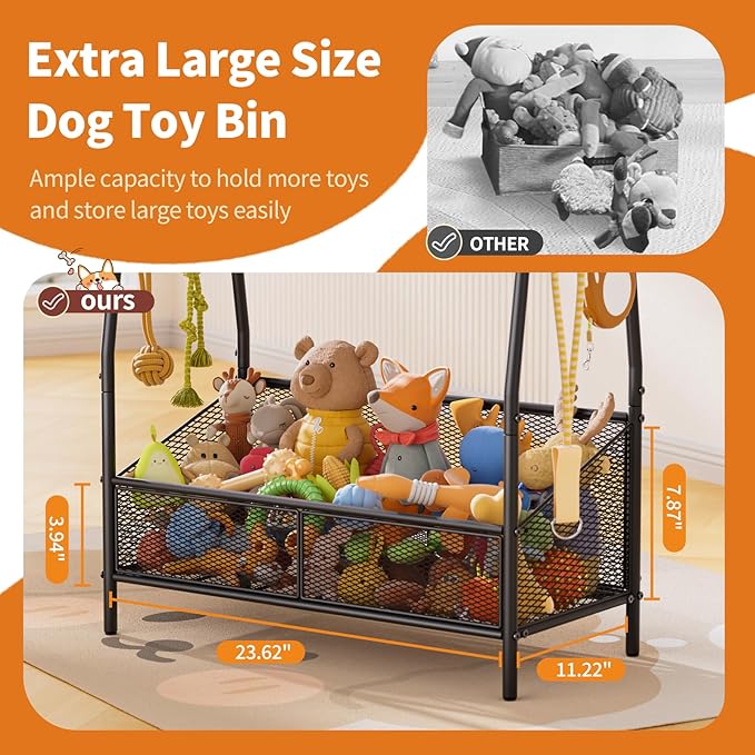 Full Metal Dog Toy Basket, 23.6"x11.2"x7.9" Large Dogs Toy Bin with Storage Organizer, Chew-Resistant Toy Box for Dog Stuff Accessories, Pet Toy Storage Holder for Cat Dogs Essential Supplies