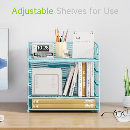 2 Pack 5 Tier Paper Organizer, Letter Tray with Handle, Mesh Desk Organizer, Metal File Organizer, Office Desk Accessories for Home, Office, Classroom, School -Blue