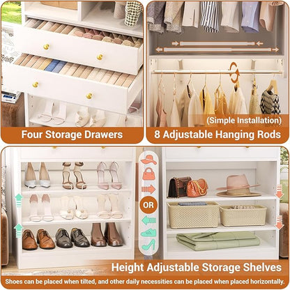 Large Closet System (Set of 3) with 4 Drawers, 8 Hanging Robs, 91.5"/151" Closet Organizer System with Corner Tower, Reversible Walk-in Closet System Corner Closet System, White