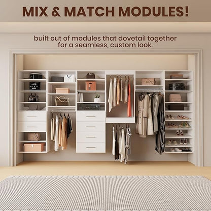 ROOMTEC Modular Closet System, 19.5" 4 Drawer Shelf Closet Tower Wall-Mounted Closet Organizer, Wooden Tower for Walk-In Closets, Wardrobe Storage Kit, White