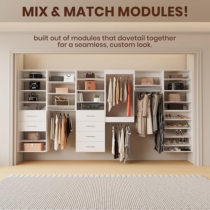 ROOMTEC Modular Closet System, 78" Closet Organizer with Hanging Rods, Wall-Mounted Wooden Tower for Walk-In Closets, Wardrobe Storage Kit, White