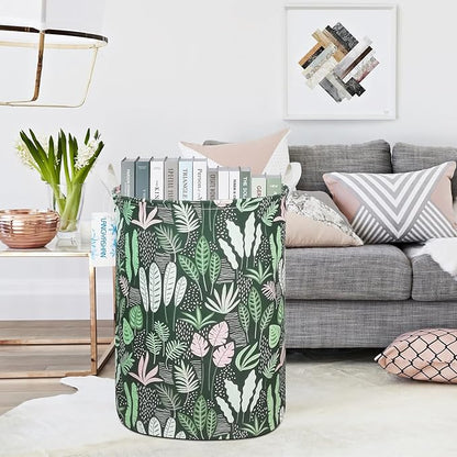 LANGYASHAN Laundry Basket Canvas Fabric Collapsible Organizer Basket for Storage Bin Toy Bins Gift Baskets Bedroom Clothes Children Nursery Hamper (Round Leaf)