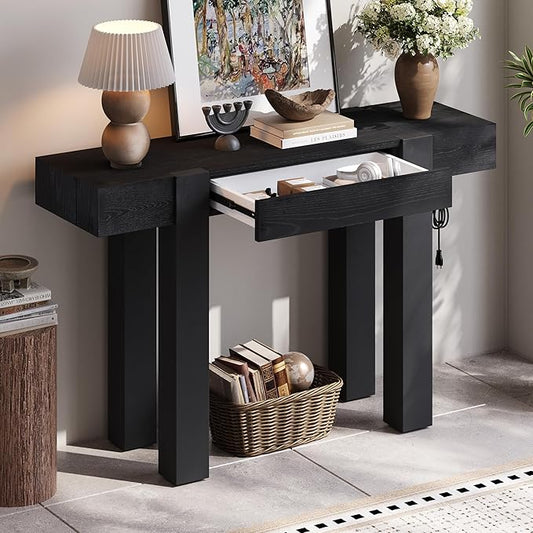 47" Rustic Minimalist Solid Wood Sofa Table Console, Modern Table with Hidden Drawer, Hallway Desk with Side Power Outlet for Entryways Living Rooms Home Offices, Black