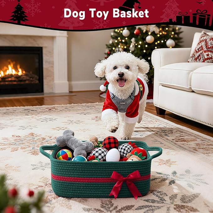 CHICVITA Small Storage Basket for Gifts, Cute Rope Gift Baskets for Christmas, Decorative Rectangle Woven Basket with Handles for Towels, Toys, 13"x 10"x 5", Green