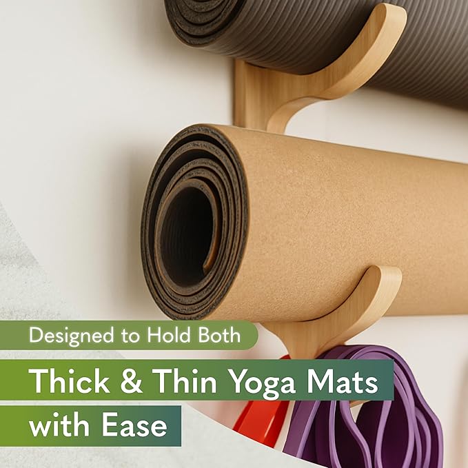 Wooden Yoga Mat Holder Wall Mount - Yoga Mat Storage Rack - Home Gym Equipment Storage & Organizer - Resistance Band Wall Mount - Home Gym Accessories Wall Rack - Workout Storage Organizer