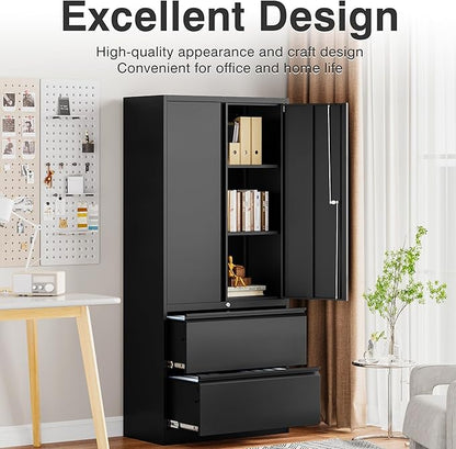 SISESOL Black Metal Storage Cabinet with Drawers and Lock,Locking Steel Storage Cabinet with Doors and Shelves,71" Office File Cabinets for Home Office,Warehouse,Garage,School (Black, 2 Drawers)