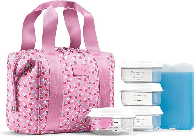 Fit & Fresh Neoprene Lunch Bag For Women, Insulated Womens Lunch Bag For Work, Tear & Stain Resistant Large Lunch Box For Women With Containers and Ice, Machine Washable Remi Bag, Sweet Pink Block