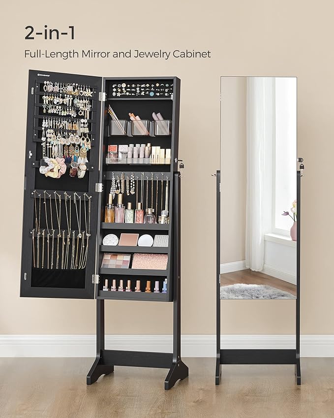 SONGMICS Jewelry Cabinet Armoire, Freestanding Lockable Storage Organizer Unit with 2 Plastic Cosmetic Storage, Full-Length Frameless Mirror, for Necklace Earring, Black UJJC002B01