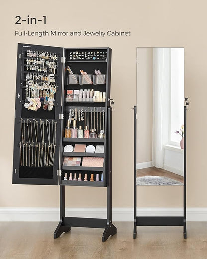 SONGMICS Jewelry Cabinet Armoire, Freestanding Lockable Storage Organizer Unit with 2 Plastic Cosmetic Storage, Full-Length Frameless Mirror, for Necklace Earring, Black UJJC002B01