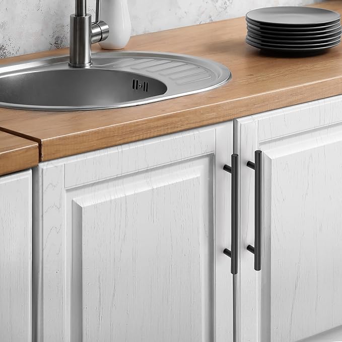JOY DECOR 5 Pack Cabinet Handles, Black Cabinet Pulls, 6-1/4 in Hole Center Kitchen Hardware, Stainless Steel T Bar Handles for Dresser Drawers