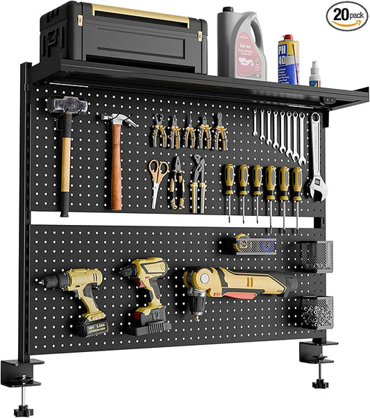 EUREKA ERGONOMIC Metal Pegboard, 43x34inch Clam on Desk Pegboard with Dual Monitor Stand, Garage Pegboard with 4 Accessories, Desk Shelves for Tool organizer, Office, Gaming Desk, Workbench, Black
