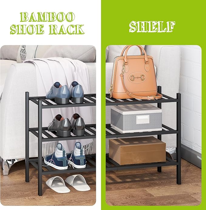 BMOSU 3-Tier Bamboo Shoe Rack Premium Stackable Shoe Shelf Storage Organizer for Hallway Closet Living Room Entryway Organizer (Black Bamboo)