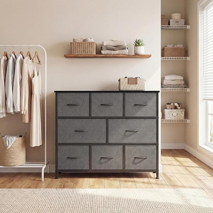 DUMOS TV Stand, Dresser with 8 Fabric Drawers, Spacious Storage Tower for Closet, TV Stand with Wood Top and Mental Frame, Storage Unit for Living Rooms, Bedroom and Entryway, Grey