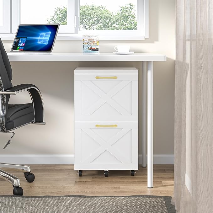 2 Drawer Small File Cabinet with Wheels, Farmhouse Vertical Filing Cabinet Fits A4/Letter Size, Under Desk Rolling File Cabinets for Home Office, Wooden Printer Stand, White