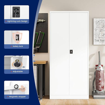 Yizosh Metal Garage Storage Cabinet with Lock, 71" Locking Tool Cabinet with 2 Doors and 5 Shelves, Heavy Duty for Garage, Office, School (White)