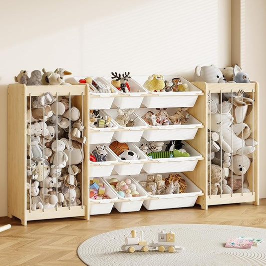 Large Toy Storage Organizer, Wooden Stuffed Animal Storage & 12-Bins Toy Organizer, Double-Sided Plush Toy Holder Featuring Thicker Ropes, Space Save Playroom Nursery Bedroom Storage, White
