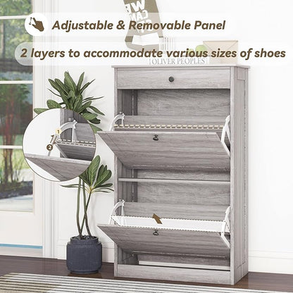 Shoe Storage Cabinet with 2 Flip Drawers, Narrow Freestanding Hidden Shoe Rack Cabinet, Pet-Proof Shoe Organizer for Closet, Entryway, Hallway, Wash Grey