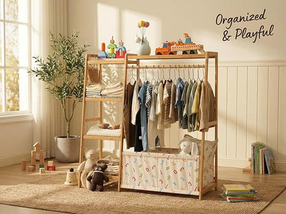 Kids Clothing Rack- Toddler Dress Up Rack with 5-Tier Open Shelves & Storage Bag, Baby Clothes Rack Small, Bamboo Garment Rack & Free Standing Clothes Rack, Mini Clothing Rack for Playroom