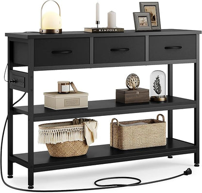 Lulive Entryway Table with Power Outlets, Console Table with 3 Fabric Drawers, Sofa Table for Living Room, Hallway, Couch, Foyer, Height Adjustable (Black, 43")