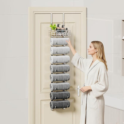 SWTYMIKI Hanging Towel Racks for Bathroom - 9 Tier Over The Door & Wall Mounted Bath Rolled Towel Storage Organizer Holder for Small Bathroom, RV, Camper (Polished Nickel, 9-Tier)