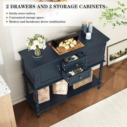 ARTPOWER Console Table with 2 Drawers, Retro Entryway Table with 2 Door Cabinets and Open Storage Shelf, Narrow Long Behind Couch Sofa Table for Living Room, Foyer, Hallway, Blue