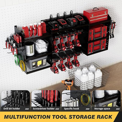 Power Tool Organizer Wall Mount with Charging Station, Heavy-Duty Metal Garage Tool Storage Rack & 8 Outlet Power Strip, 51 Inch 3 Tier 8 Bin Shelves for Workshop Organization