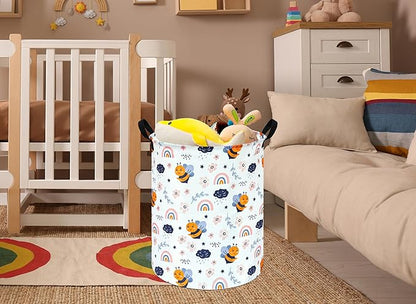 Rainbow Bee Print Canvas Laundry Basket,Waterproof Storage Bin with Handles 15.7" D×19.7" H Foldable Toy Organizer Decor Gift Basket for Kids' Bedroom & Home Organization