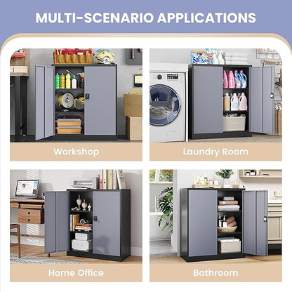Metal Storage Cabinet,Locking File Cabinet with Doors and Adjustbale Shelves,Tool Steel Cabinets for Garage,Home Office,School,Gym(Grey & Black)