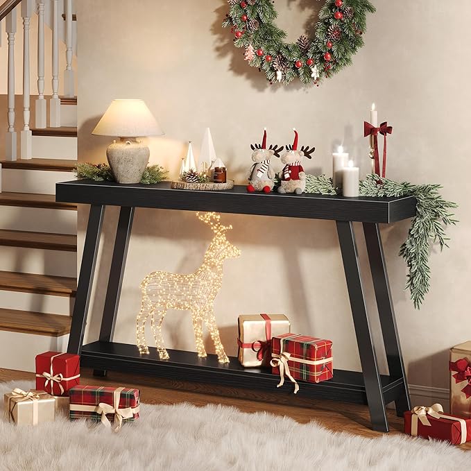 Huuger Console Table with Charging Station, USB-C Port, 2 Tiers Entryway Table, 53.9 Inch Sofa Table with Metal Legs, Entry Hallway Table with Thicker Desktop, Modern Behind Couch Table, Black