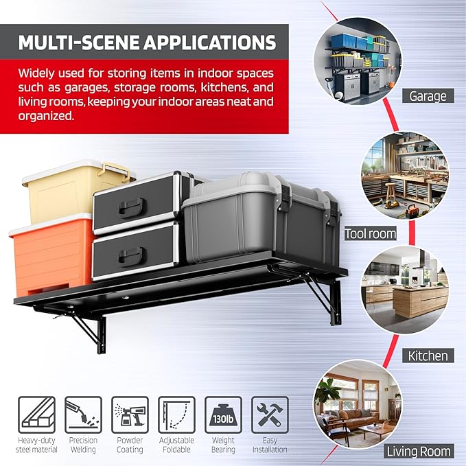 1.3x4FT Adjustable Garage Shelf Wall Mounted Fold Down Shelf Metal Heavy Duty Black 1Pack