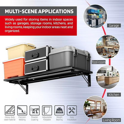 1.3x4FT Adjustable Garage Shelf Wall Mounted Fold Down Shelf Metal Heavy Duty Black 1Pack