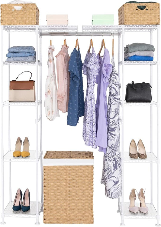 Seville Classics Closet Garment Organizer with Metal Hanging Rod Wardrobe Storage System, w/ Steel Shelves for Clothes, Shirts, Jackets, Coats, Blankets, Shoes, White, Expandable Rack