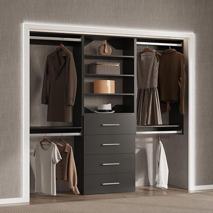 4 Drawer Short Tower Closet Unit, Modular Closet System, Wood Closet System Organizer with Storage for Walk In Closets, Clothing Rack Closet for Hanging Clothes, Bedroom, Black, 25.5"W