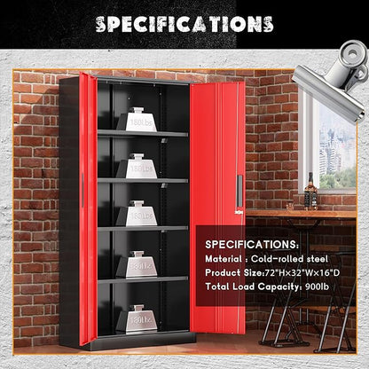 Greenvelly Metal Garage Storage Cabinet with Lock, 72" Metal Storage Cabinet with 2Doors and 4Adjustable Shelves, Steel Tool Cabinet for Home Office, School,Gym (Black&Red)