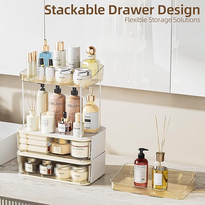 Delamu 2PCS Bathroom Counter Organizer with Drawer, Multi-Purpose 3-Tier Makeup Organizer Countertop for Vanity, Large Cosmetic Display Case Perfume Tray Skincare Organizers, Amber