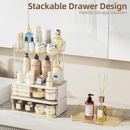 Delamu 3-Tier Bathroom Counter Organizer with Drawer, Multi-Purpose Makeup Organizer Countertop for Vanity, Large Cosmetic Display Case Perfume Tray Skincare Organizers, Amber