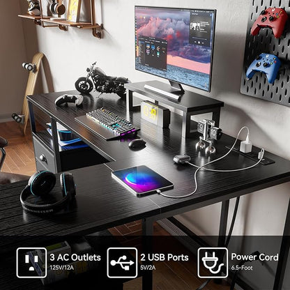 Furologee L Shaped Computer Desk with Power Outlet, Reversible Home Office Desk for Work Study, 50 Inch Corner Gaming Table with File Drawer, Monitor Stand, Storage Shelves, Black
