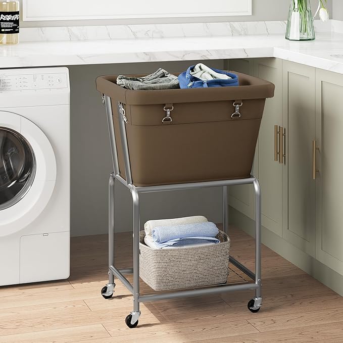 ELYKEN Rolling Laundry Hamper with Wheels, Laundry Cart with Removable Bag, Heavy Duty Metal Frame, 2-Tier Clothes Basket Hamper with Shelf for Closet, Bedroom, Bathroom, Laundry Room, Camel Brown